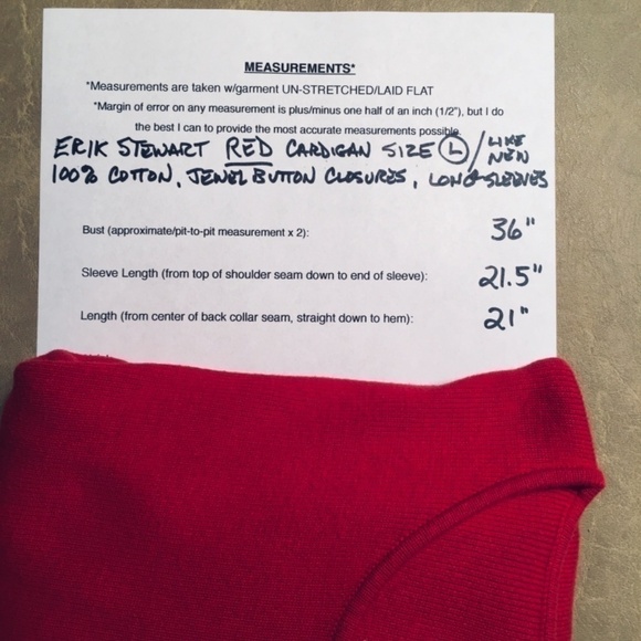 ERIK STEWART 100% Cotton Cardigan, RED with Jeweled Buttons, Women’s Size Large - Picture 8 of 8